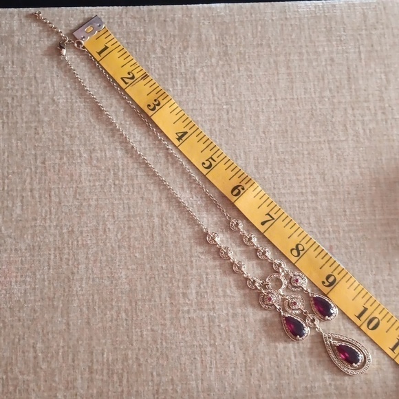 Gold Tone Garnet Dangle Tear Drop Necklace - Picture 4 of 12